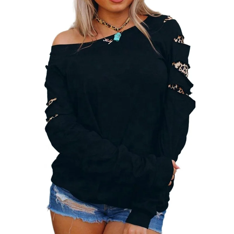 

Free Shipping S72 Women Leopard Printed One Shoulder Sweatshirt Female Harajuku Black Hooded Tops Long-sleeved Harajuku Hoodies