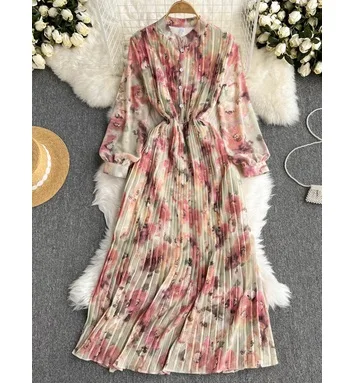 

2022 New Spring And Autumn Women Long Sleeve Tie-Dye Floral Pleated Chiffon Maxi Elegant Casual Dresses Woman