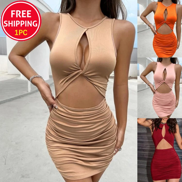 

Women Summer Twist Front Y2K Sexy Cut Out Ruched Bodycon Dress