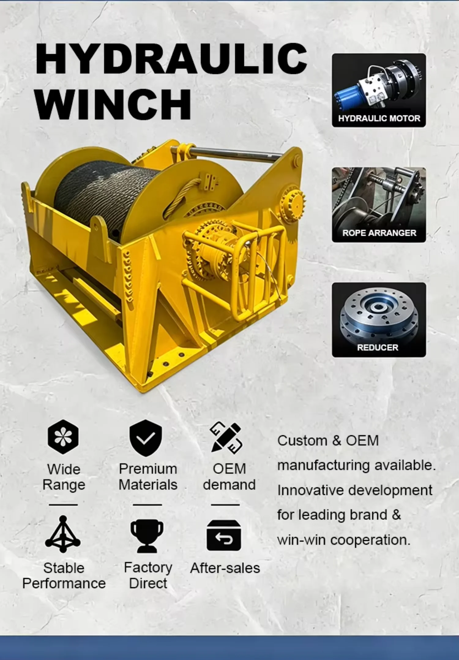 Continuous Working Hydraulic Wire Rope Hydraulic Winch 15 Ton