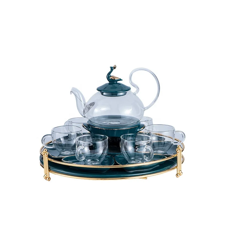 

New Arrive wholesale unique glass ceramic Porcelain coffee drink steaming Wedding gift flower peacock teapot cups set