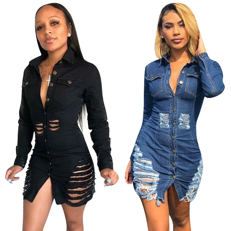 

ANL3142 New style denim dress casual ripped long sleeve dress, Accept customization