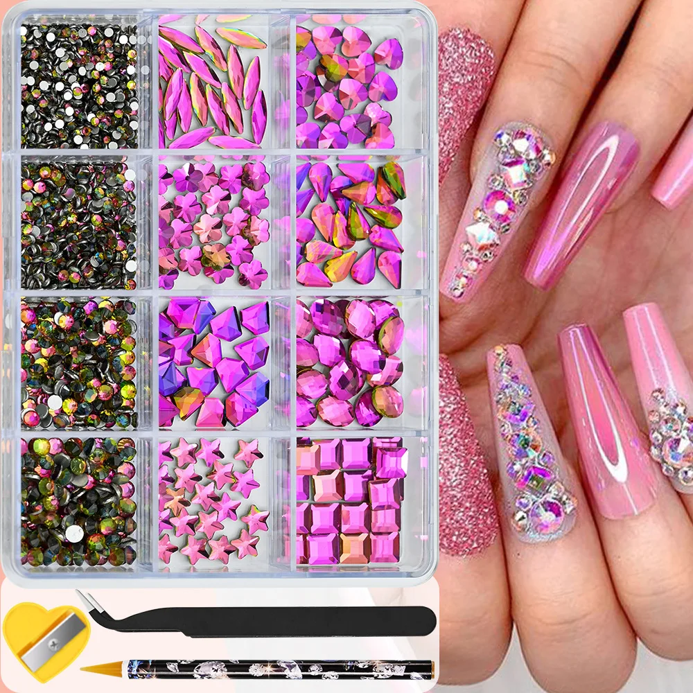 12 Grid Nail Art Alloy Gem Rhinestone Mix Decoration Set