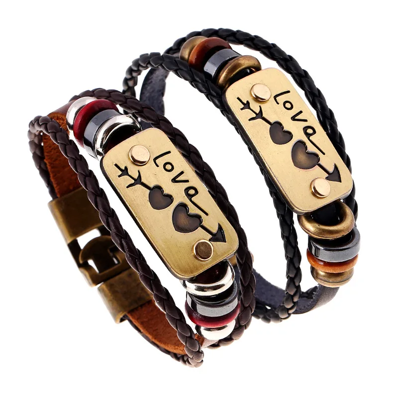 

Student leather couple bracelet mens custom woven hand rope heart Valentine gift bracelet for lover, As the picture shows
