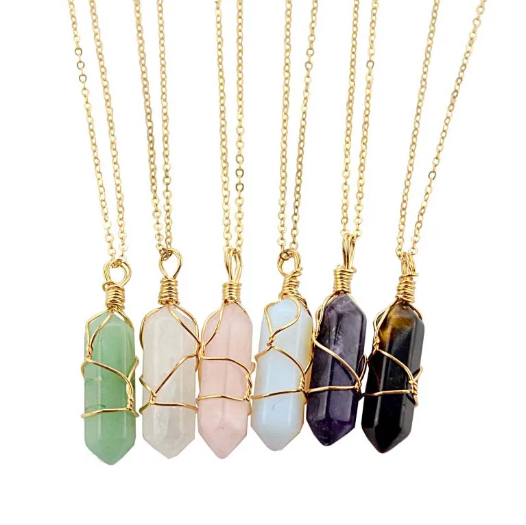 

Stone Amethyst Pendant Necklaces Wire Wrapped Necklace Gold Quartz Crystal Handmade Hexagonal Natural Plated Rose for Women Gift, Colorful