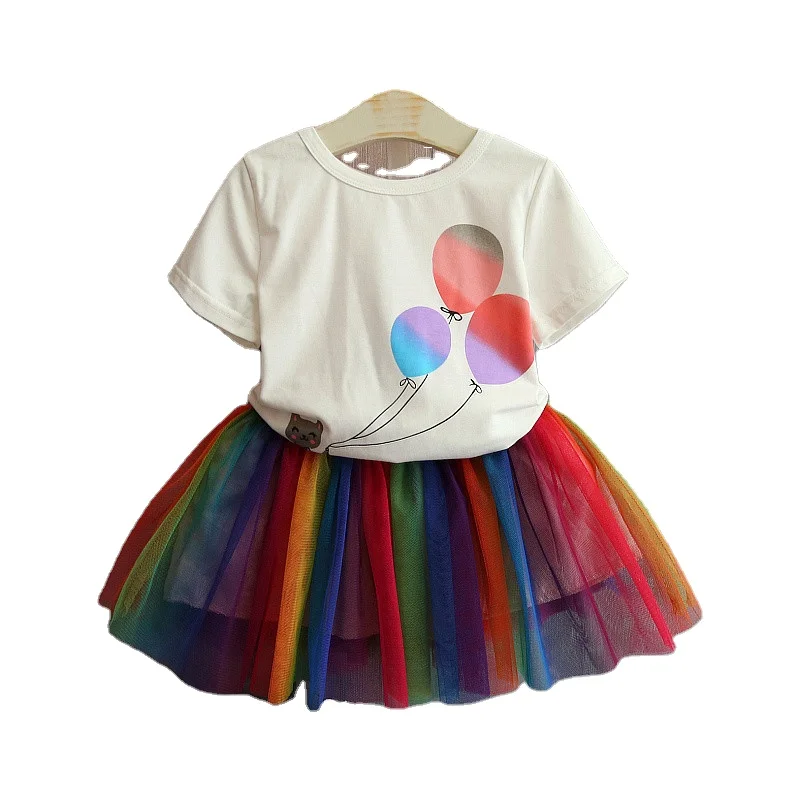 

Foreign trade new Korean version summer girl cartoon short-sleeved T-shirt plus rainbow mesh gauze skirt kids children clothing