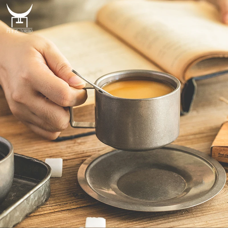 

Vintage double wall 304 stainless steel coffee cup with saucer set for hotel restaurant outdoor camping