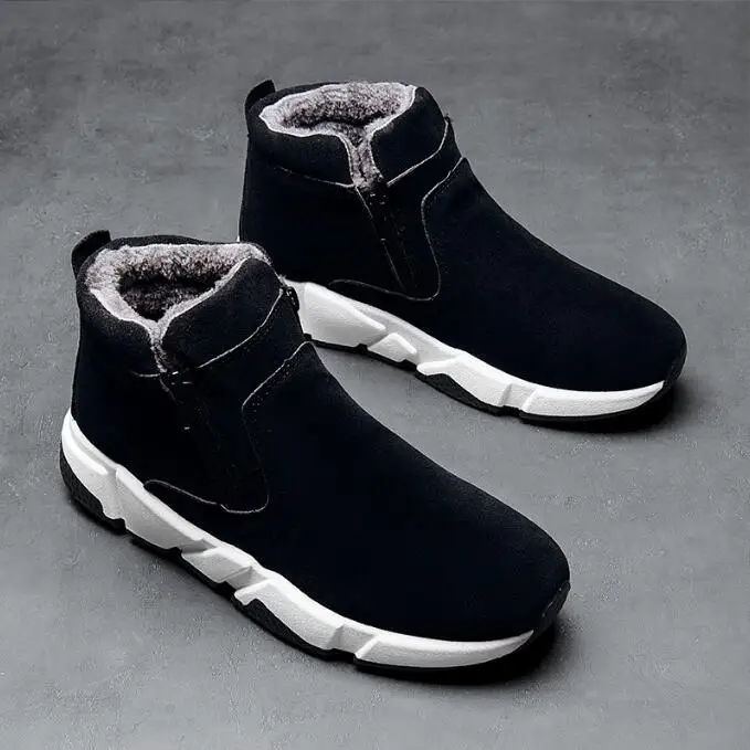 

New Style Men Plush Zipper Cotton Shoes Winter Thick Snow Boots Anti-Slip Warm Outdoor Male Work Shoes, Black/grey