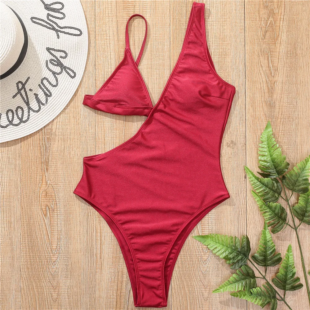 

2021 European and American new quick drying environmental protection open back one piece solid color triangle cup sexy swimsuit, 4 colors