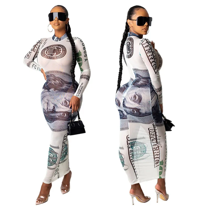 

Women's dollar print long sleeve round neck mid length slim dress
