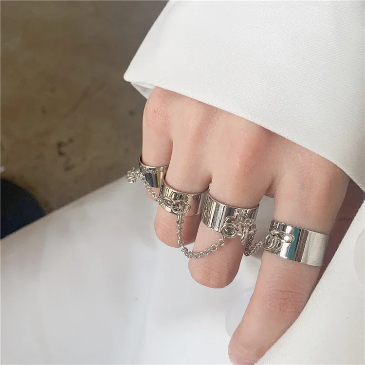

2021 New Simple Stainless Steel Four Piece Ring Set for Women Silver Finger Group Tassel Ring