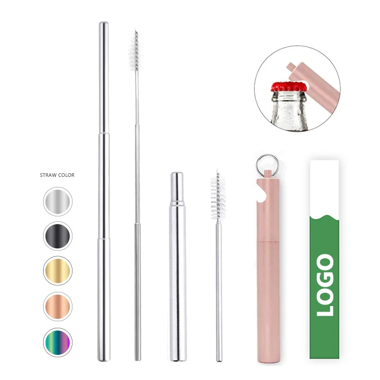 2020 Beer Opener Stainless Steel Folding Telescopic Keychain Straws with Case Brush
