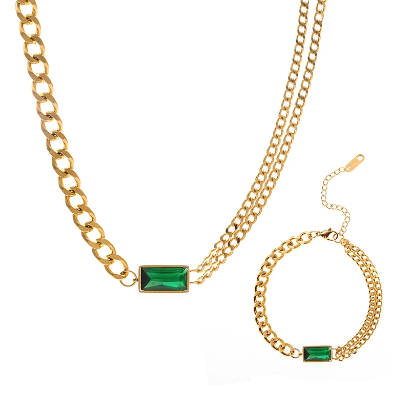 

Punk style personalised simple double layer Cuban chain emerald rectangular stainless steel necklace gold
