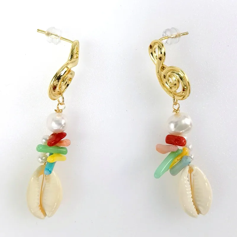 

E382 New Arrival Baroque Earring handmade crystal with coral shell White Round Pearl studs