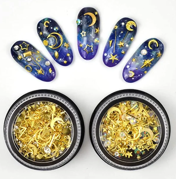 

2020 Fake Nails Arts Rhinestone Kits Stud Gold Metal Sequins DIY Assorted Moon Nail Art Star Manicure Glitter Alloy Art Nails, As image show