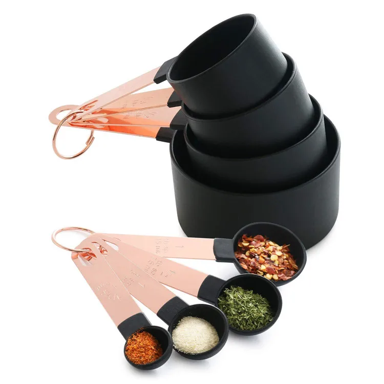 

Custom design kitchen and baking measuring spoons 8 piece copper plated stainless steel measuring cups and measuring spoons set, Black,gray,pink,green