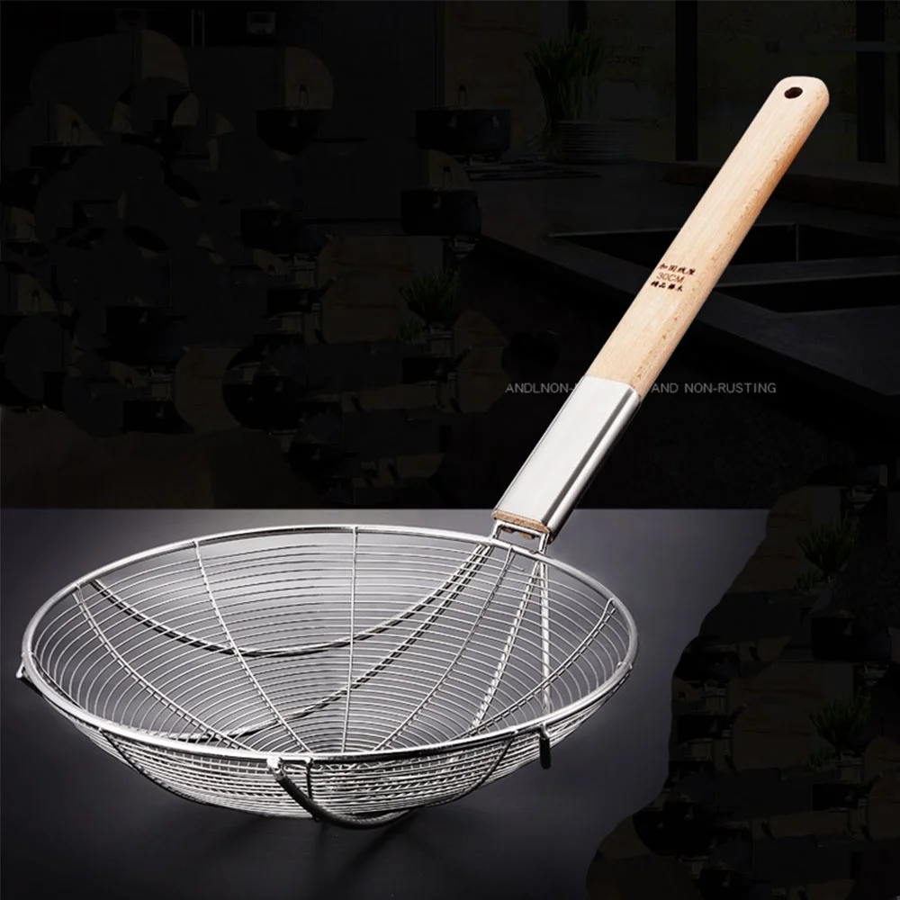 

Large Round Strainer Colander Stainless Steel Wooden Handle For Pasta Noodle Ramen Rinsing Straining Boiling Frying, Oem