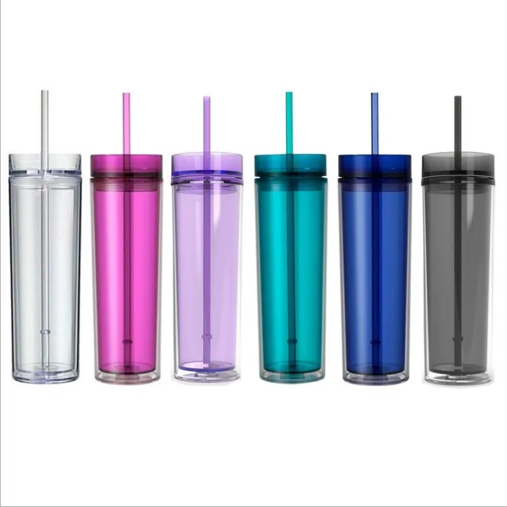 

US Local Warehouse Wholesale Acrylic Skinny Tumbler with Straw 16oz Double Wall Acrylic Tumbler Cups Insulated Plastic Water Cup, Black/white/green/blue/purple/rose red