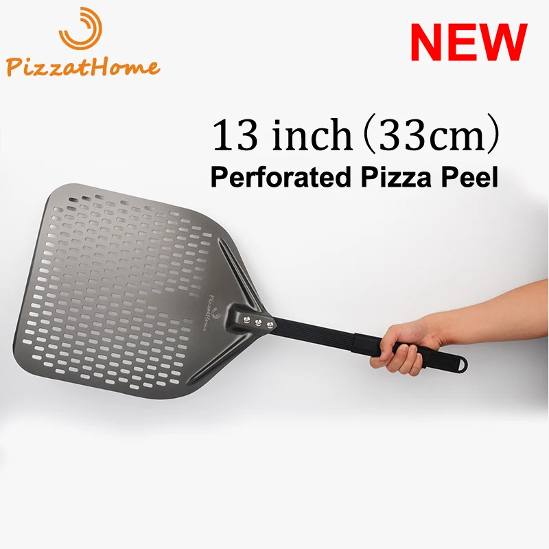 

13 Inch Perforated Pizza Peel Rectangular Pizza Shovel Aluminum Hard Coating Pizza Peel Paddle Short Tool, Black