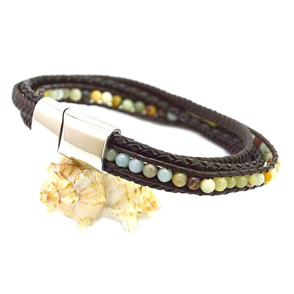 

2020 New Arrival Stainless Steel Jewelry Leather Bracelet Natural Crystal Beaded Leather Bracelet