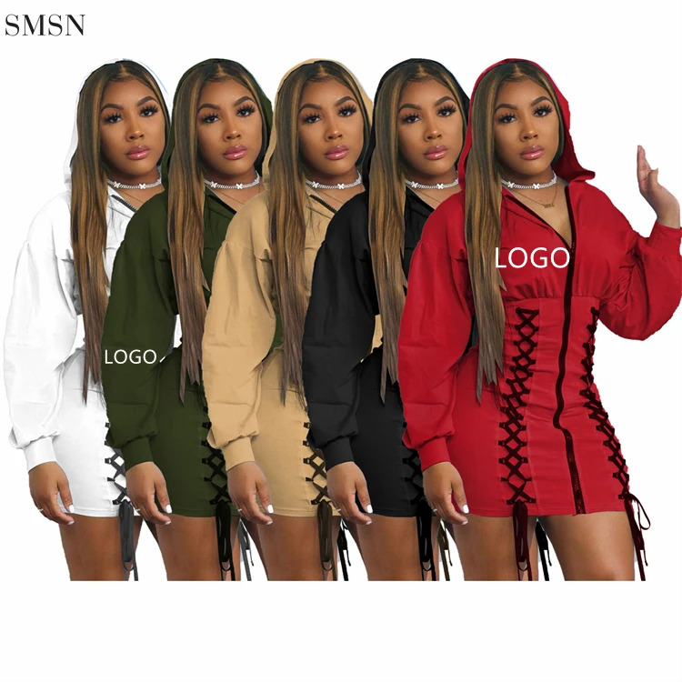

Good Quality Solid Color Long Sleeve Zipper With Bandage Decoration Mini Dress 2021 Sexy Woman Casual Dress