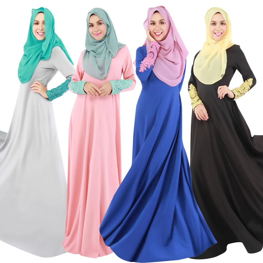 

Solid Color Dubai Islamic Muslim Women Chiffon Pleated Embroidery Lace Sleeve Long Dress, Pink,gray,black,dark blue