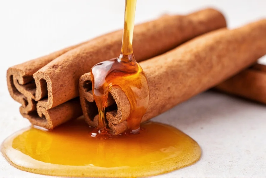 Close-up of Ceylon cinnamon sticks and raw honey in a glass jar with wooden spoon