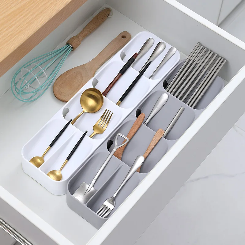 

2021 best selling items kitchen tableware storage box household cutlery organizer creative drawer cutlery storage container, Gray/white