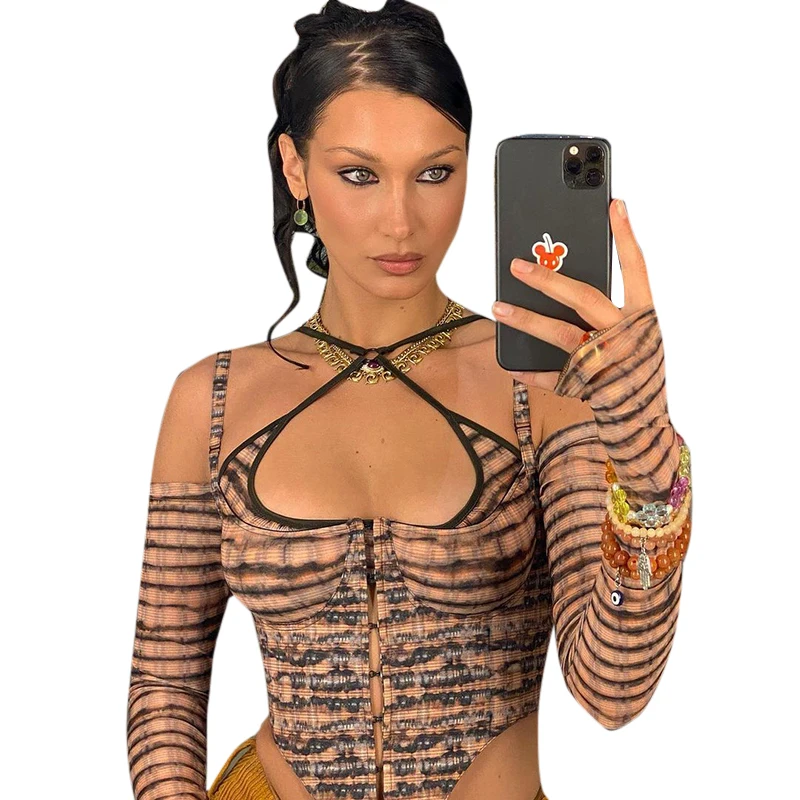 

CuteNOVA X21TP199 Strapless Bodycon Dress Women Long Top with Long Sleeve Women's Trendy Tiger Print Mesh Scoop Top, Customized color