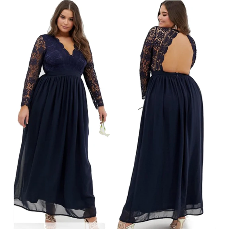 

V Neck Lace Chiffon Backless Sexy Long Sleeve Maxi Dress Summer
