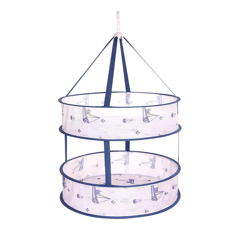 

Printed Clothes Basket Folding Air Drying Net Windproof Clothes Basket Flat Floor Air Drying Net Indoor Clothes Rack, Blue/beige