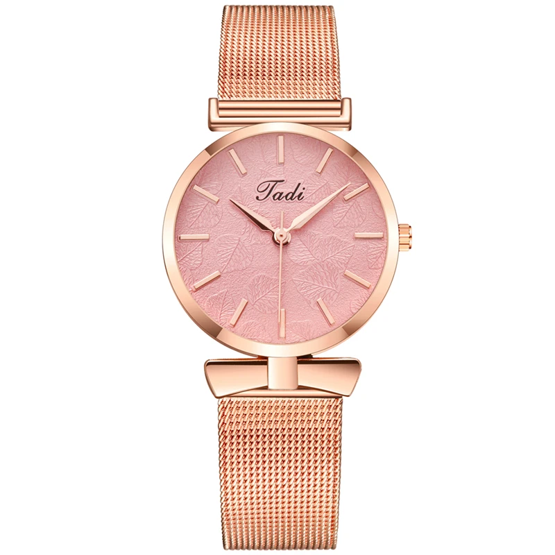 

TADI brand fashion texture mesh belt metal case leaf texture dial scale display woman casual quartz watch