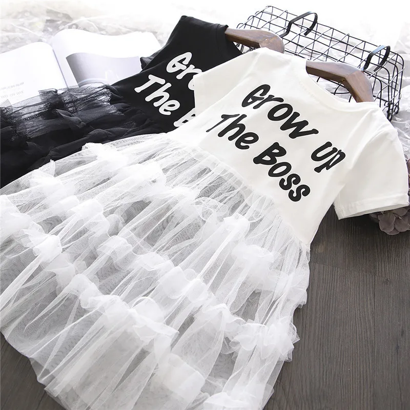 

Fashion Kid Girl Short Sleeve Dress Grow Up the Boss White Black Girl Patchwork Cotton Tulle Dress Children Girl Cake Dress