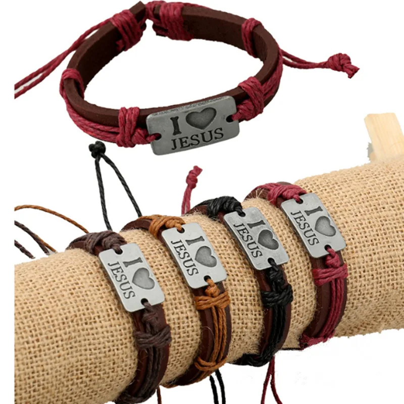 

New I Love Jesus handwoven alloy cowhide bracelet vintage leather bracelet