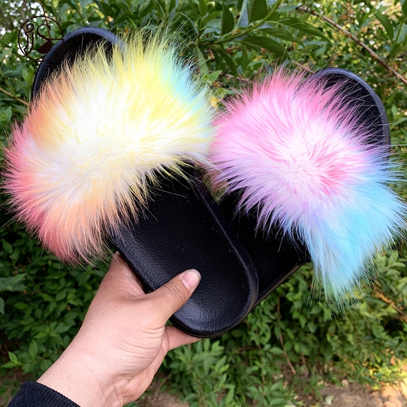

Wholesale fancy Faux fur slippers colorful light weight kids fur slides new design anti slip women sandals, Picture
