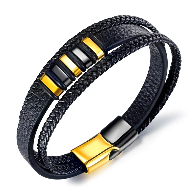 

Simple black Golden bead retro woven leather bracelet for boy titanium steel multi-layer snap men's bracelet