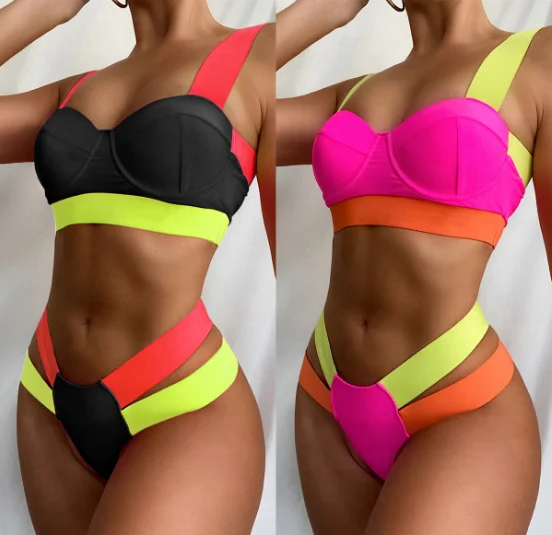 

Hot Sale Popular Color Contrast Bandage Bikini Women's Hard Clad Steel Support Swimsuit Whole Sale Bathing Suits