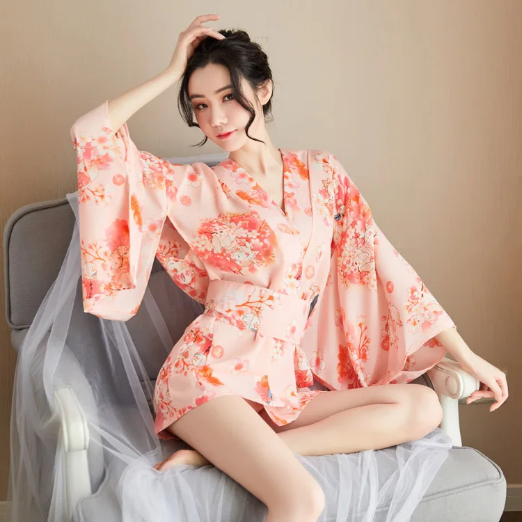 New Sexy Night Robe Cos Role Play Japanese Sakura Kimono Bathrobe Game Uniform Sexy Cherry