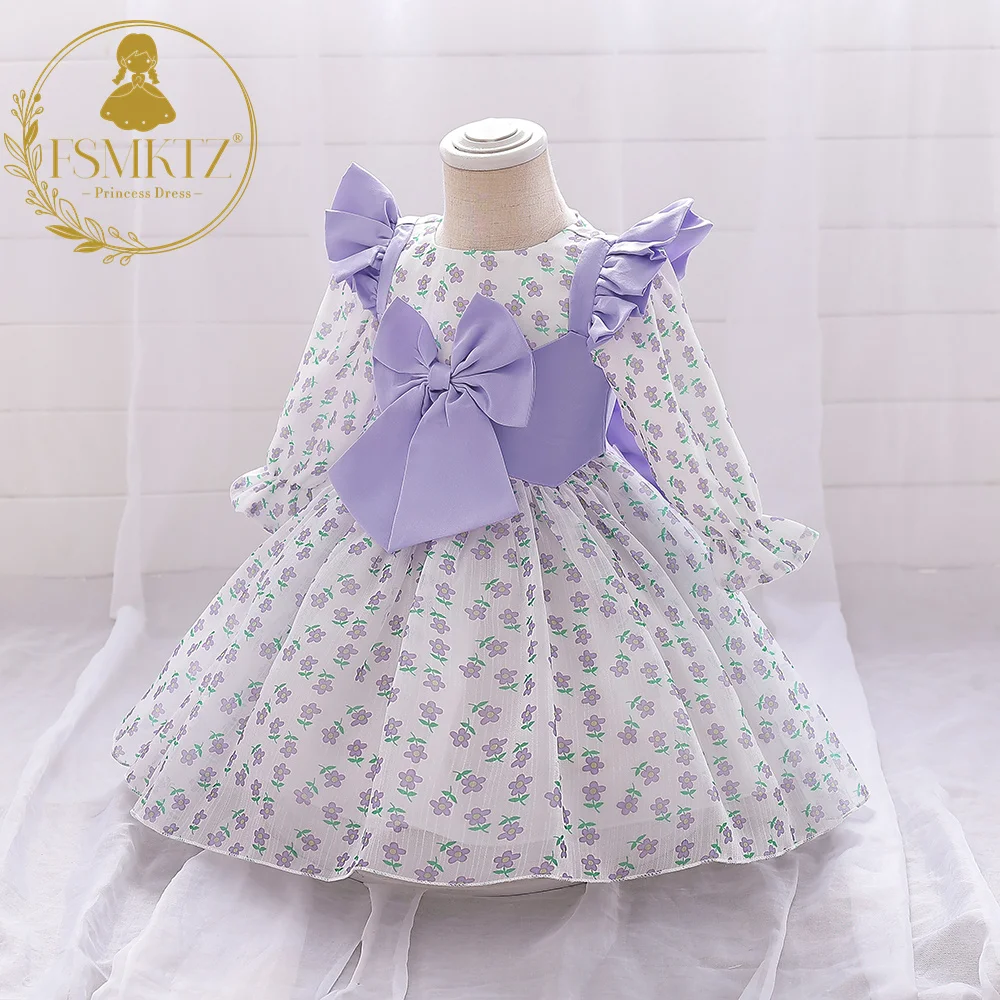 

FSMKTZ Latest Design Baby Girls Dress Purple Flower Printed Big Bow Birthday Dress 3 Month to 3 Years Formal Kids Frocks