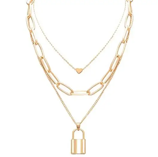 

Layered Necklace Key Pendant Gold Plated Heart Lock Necklace for Women