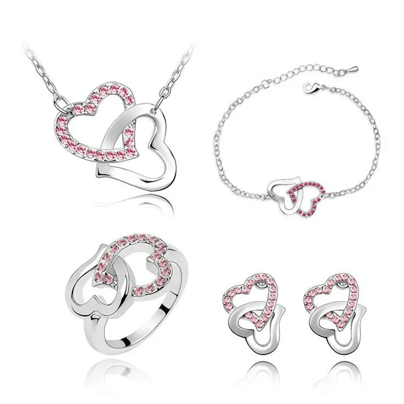 

Sweet Three Colors Crystal Rhinestones Double Heart Necklace Bracelet Earrings Ring Love Heart Wedding Party Gift Jewelry Set, Picture shows