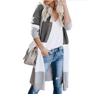 

High Quality Women Knitting Long Cardigan Color Block Long Sleeve Sweater Cardigan