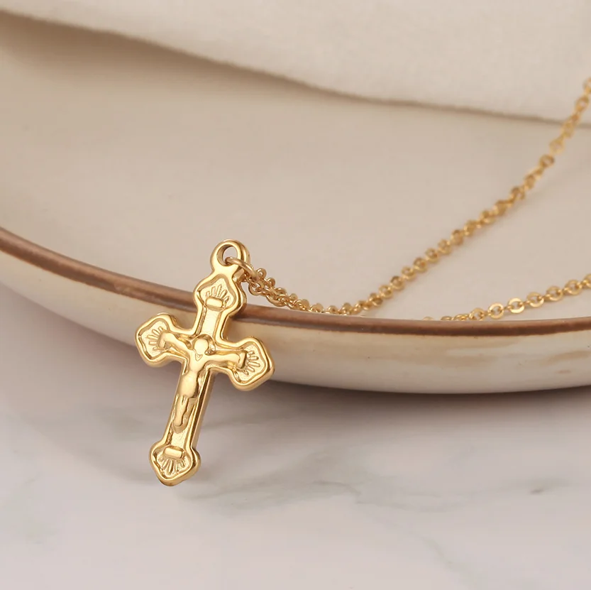 

Gold Plated Crucifix Cross Pendant Hiphop Stainless Steel Jesus Cross Jewelry Religious Medal Christian Necklace