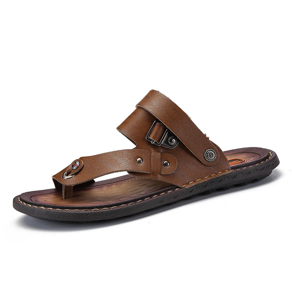 

Hot sale OEM Factory 2021 new arrival designs summer Genuine leather men's sandals slipper 47 plus size Flat sandals for men