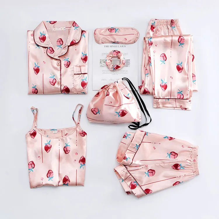 

New Design Womens Sleepwear 7 Piece Satin Pajama Set Loungewear Winter Silk Pajamas For Women, Customized color