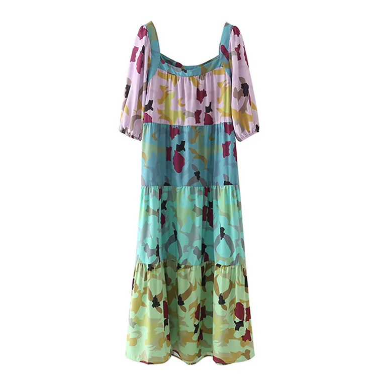 

BMURHMZA2021 summer new women's casual four-color stitching large hem loose mid-length printed dress, Picture color