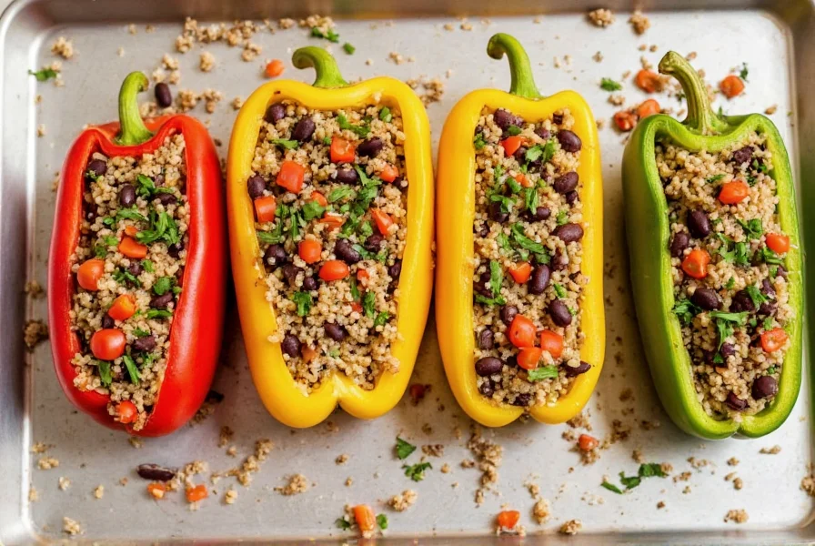 Four colorful bell peppers stuffed with quinoa, black beans, and vegetables, arranged on a baking sheet with fresh herbs