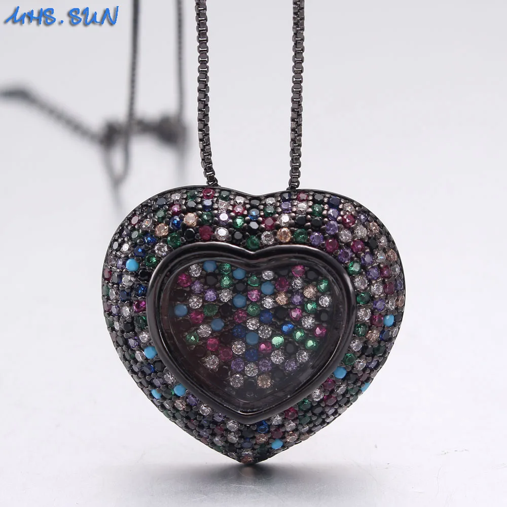 

MHS.SUN Colorful Zircon Heart Pendant Necklace Fashion Design Women Girls Chain Necklace Choker Vintage 3A CZ Jewelry, Black