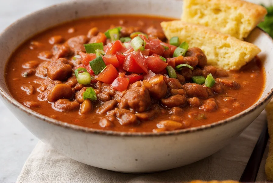 Traditional chili serving with cornbread and fresh toppings