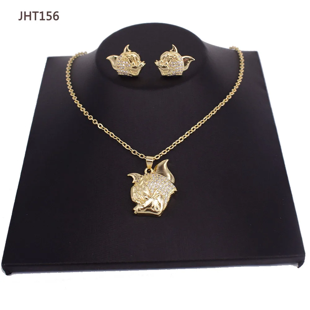 

JHT156 High quality 18K gold plated zircon small kids jewelry Talking Tom necklace earrings set, 18k gold plated color
